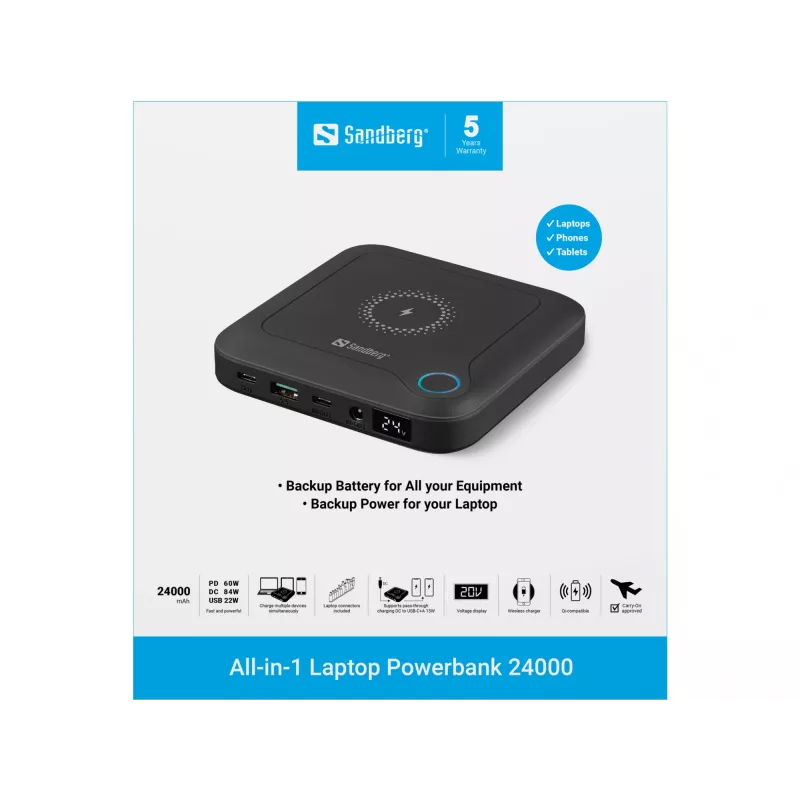 Sandberg All-in1 Laptop Powerbank 24000, 24000 mAh, Quick Charge 2.0, carga inalámbrica, negro