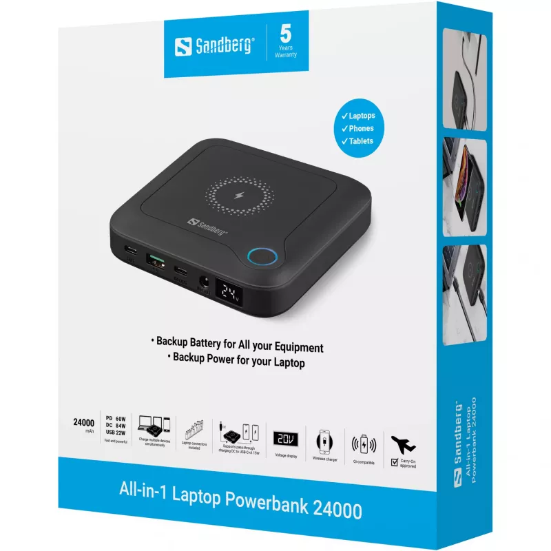 Sandberg All-in1 Laptop Powerbank 24000, 24000 mAh, Quick Charge 2.0, carga inalámbrica, negro