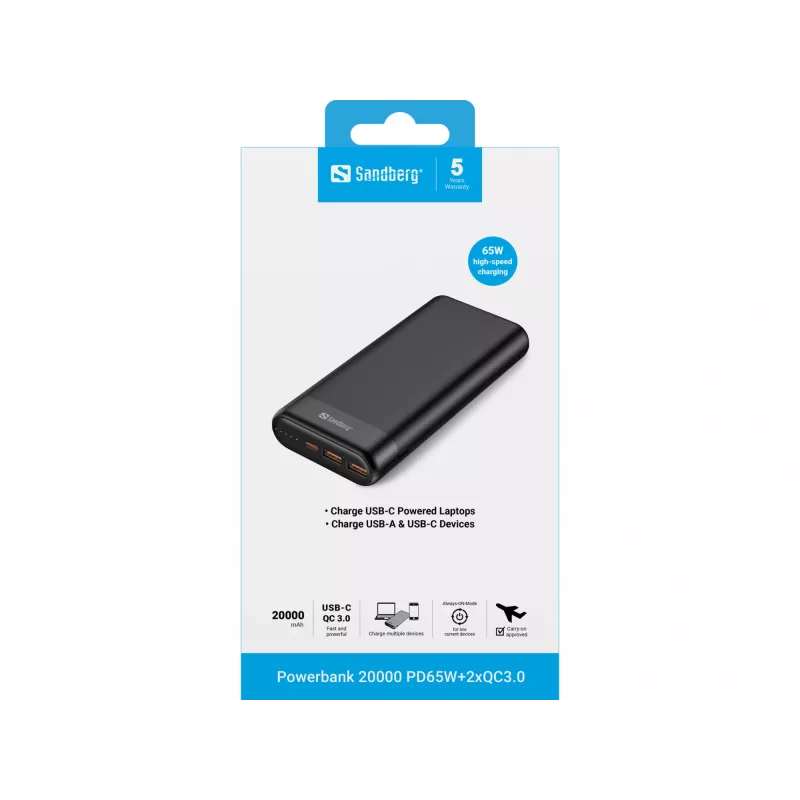 Sandberg Powerbank 20000 PD65W+2xQC3.0, 20000 mAh, litio-ion (Li-Ion), Quick Charge 3.0, 65 W, negro