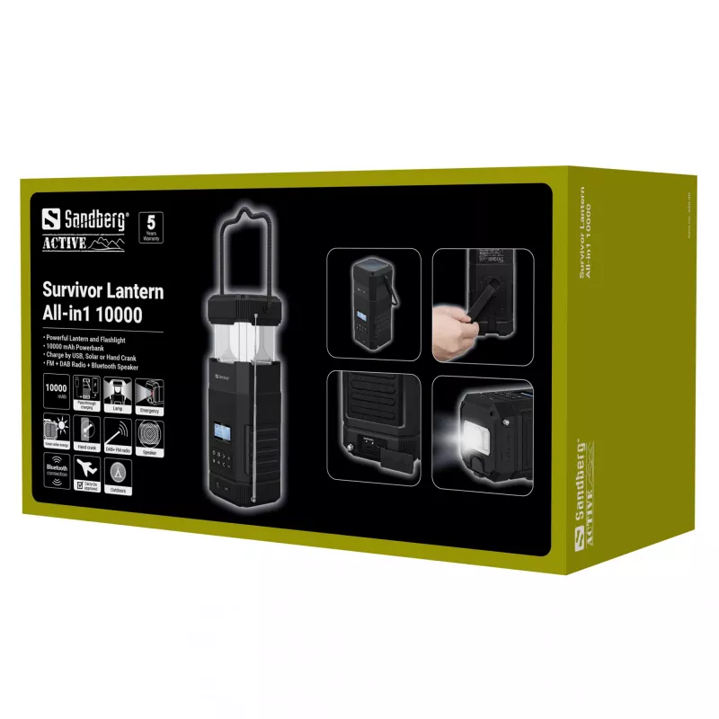 Sandberg Survivor Lantern All-in1 10000, linterna de camping a pilas, negra, IPX5, LED, USB C, pila
