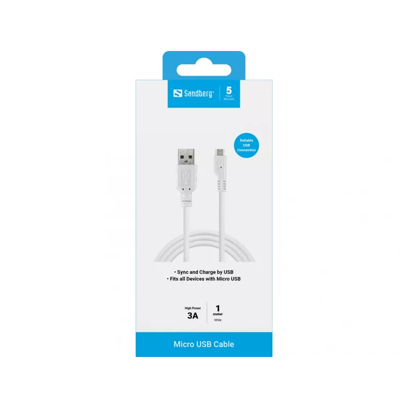 Sandberg Cable de carga USB-A a Micro-USB 1m, 1 m, USB A, Micro-USB B, USB 2.0, conector macho/conector macho, blanco