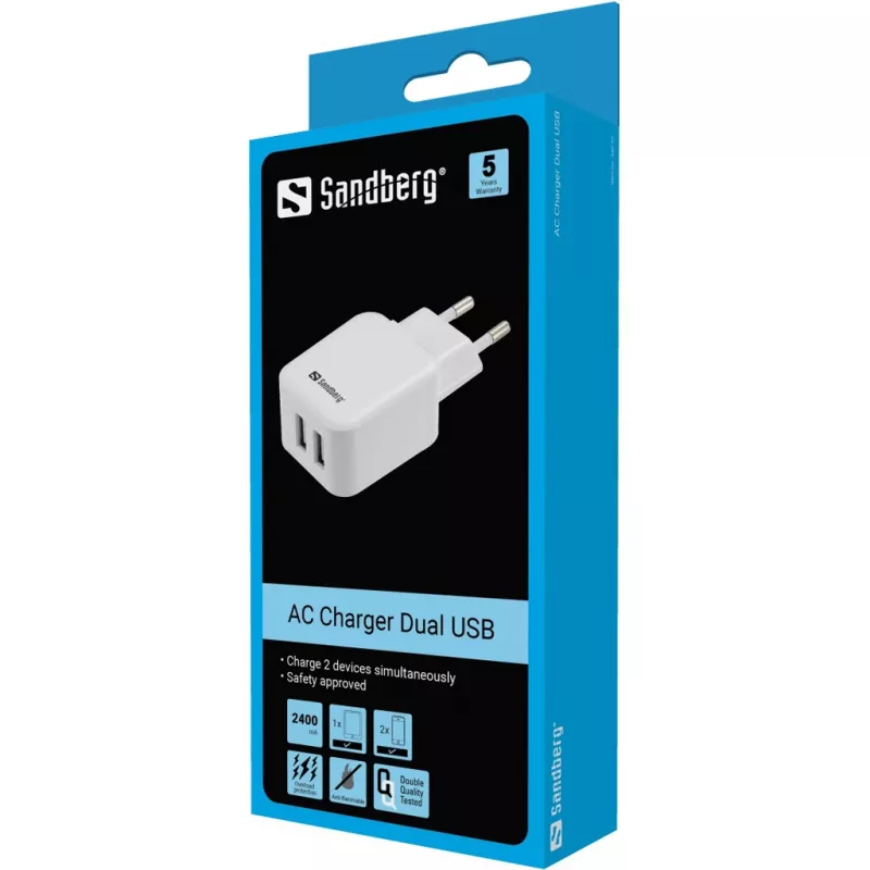 Sandberg Cargador de CA Dual USB 2.4+1A EU, interior, CA, USB, 5 V, negro, blanco
