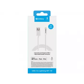 Sandberg USB-A a Lightning MFI 1M, 1 m, Lightning, USB A, blanco, recto, recto