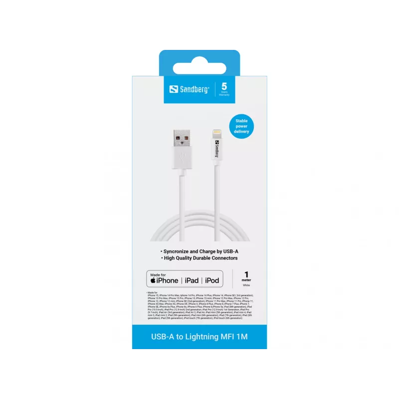 Sandberg USB-A a Lightning MFI 1M, 1 m, Lightning, USB A, blanco, recto, recto