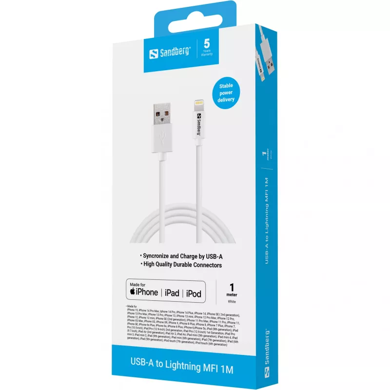 Sandberg USB-A a Lightning MFI 1M, 1 m, Lightning, USB A, blanco, recto, recto