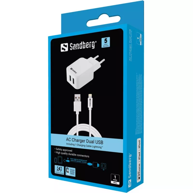 Sandberg Cargador de CA EU Lightning 2.4A, interior, CA, 5 V, blanco