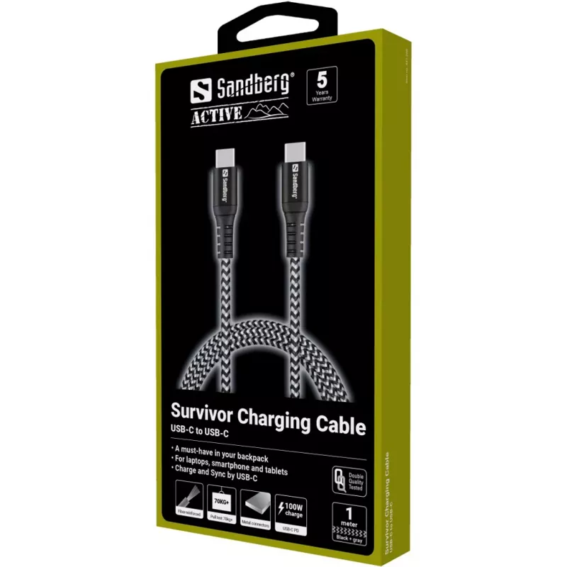 Sandberg Cable USB-C 1M 100W, 1 m, USB C, USB C, USB 2.0, negro, gris