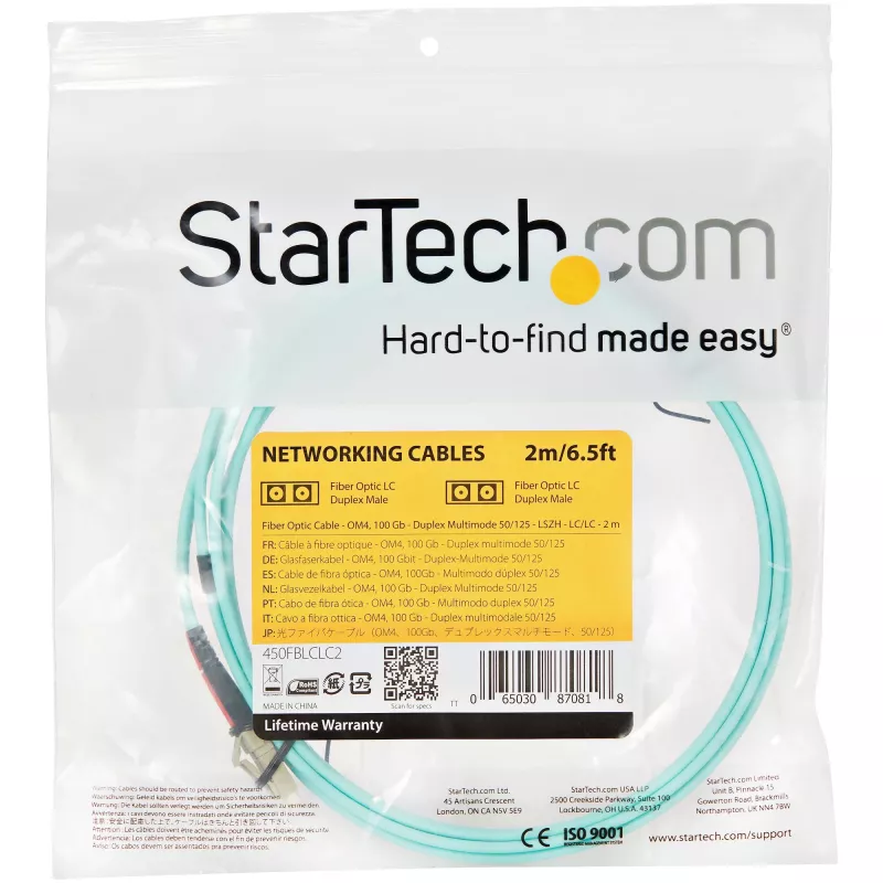 StarTech.com Cable de fibra óptica multimodo OM4 LC/UPC a LC/UPC de 2 m (6 ft), fibra zipcord LOMMF/VCSEL 50/125 µm, 100G, baja pérdida de inserción – cable de conexión de fibra LSZH