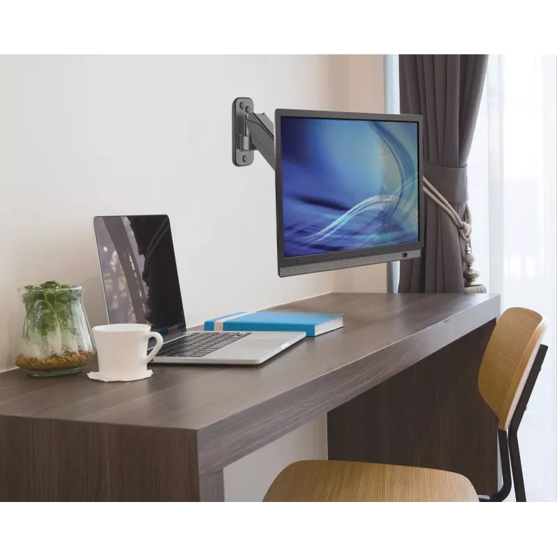 Soporte de pared Manhattan para TV y monitores (brazo de resorte, 2 articulaciones), para pantallas de 17 inch a 32 inch, compatibilidad VESA: 75x75 mm y 100x100 mm – comprueba las dimensiones de los cuatro orificios de montaje en la parte posterior de la pantalla para asegurarte de que encaja, máx. 8 kg, negro, soporte, garantía de por vida