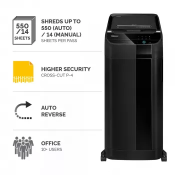 Destructora de documentos Fellowes 550 hojas alimentación automática corte cruzado AutoMax 550C con depósito de 83 litros alta seguridad P4