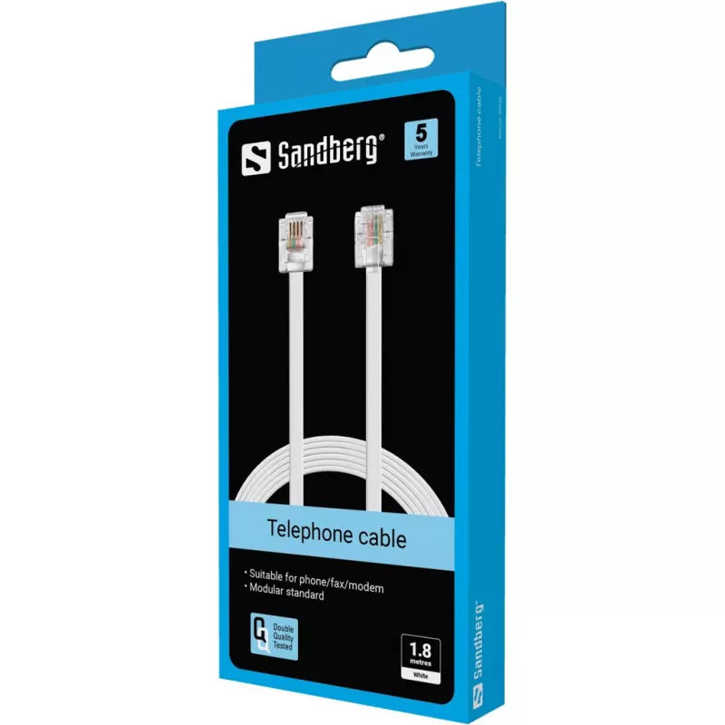 Cable de teléfono Sandberg RJ11-RJ11 1,8 m, 1,8 m, RJ11, RJ11, conector macho, conector macho, blanco
