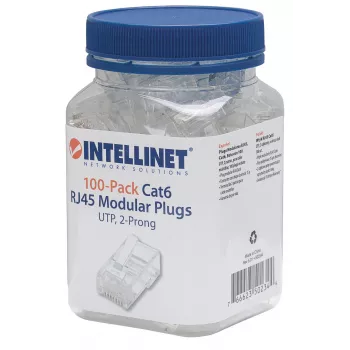 Conector modular RJ45 Intellinet, Cat6, UTP, 2 dientes, para conductor flexible, contactos chapados en oro de 15 µ, pack de 100