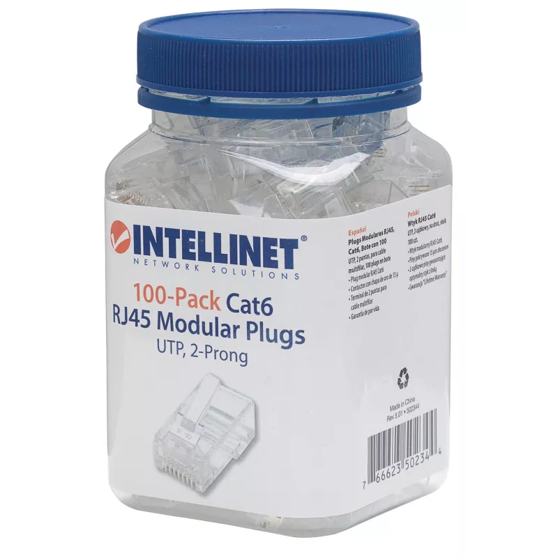 Conector modular RJ45 Intellinet, Cat6, UTP, 2 dientes, para conductor flexible, contactos chapados en oro de 15 µ, pack de 100
