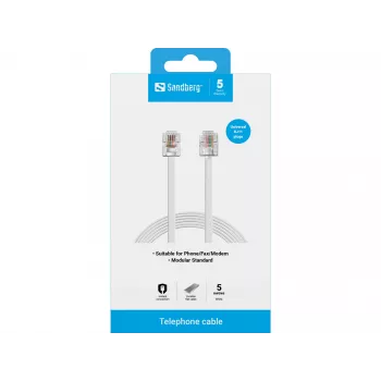 Cable de teléfono Sandberg RJ11-RJ11 5 m, 5 m, RJ11, RJ11, conector macho, conector macho, blanco