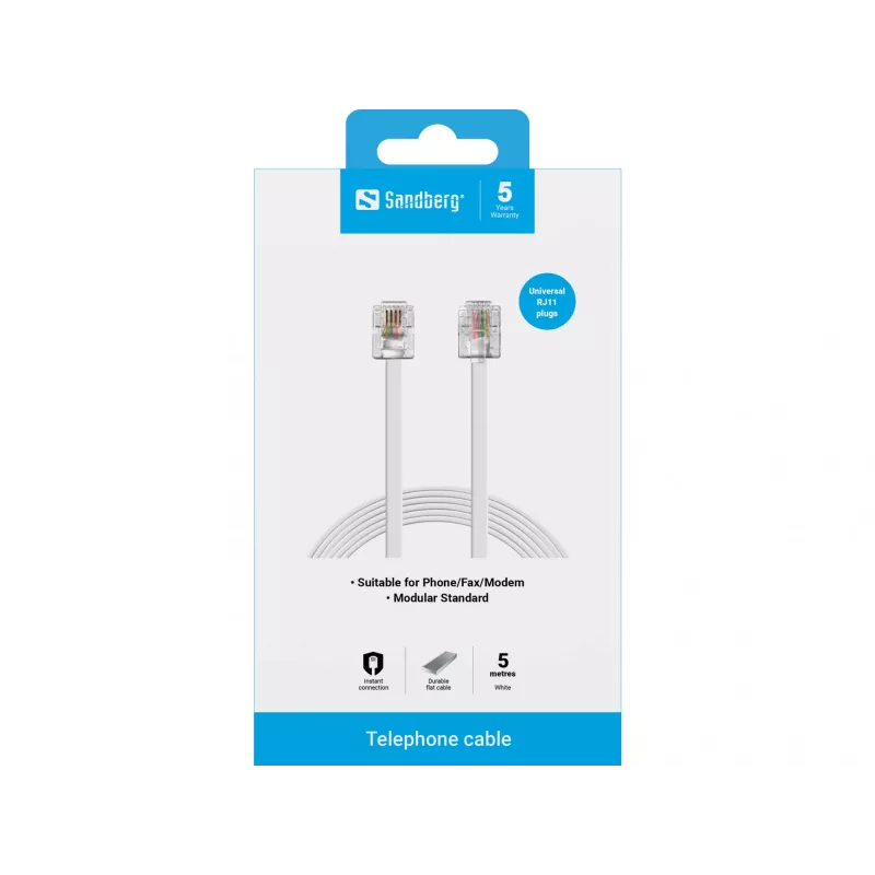 Cable de teléfono Sandberg RJ11-RJ11 5 m, 5 m, RJ11, RJ11, conector macho, conector macho, blanco