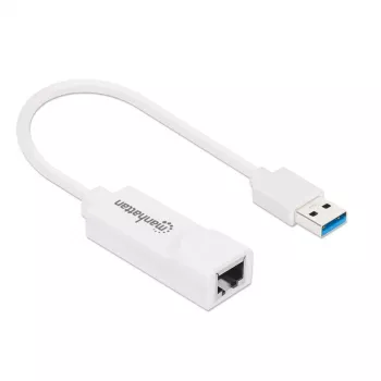 Adaptador de red Gigabit USB-A Manhattan, blanco, red 10/100/1000 Mbit/s, USB 3.0, Ethernet, RJ45, tres años de garantía, equivalente a USB31000SW.