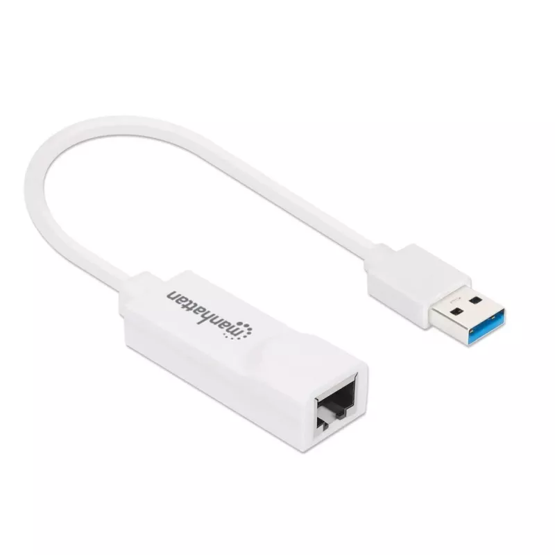 Adaptador de red Gigabit USB-A Manhattan, blanco, red 10/100/1000 Mbit/s, USB 3.0, Ethernet, RJ45, tres años de garantía, equivalente a USB31000SW.
