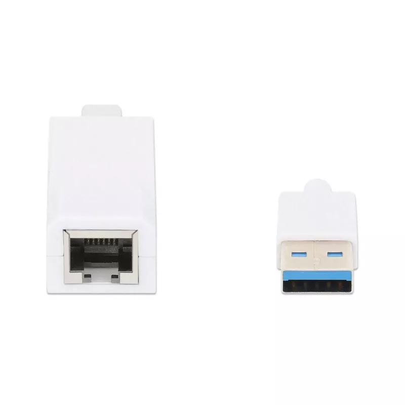 Adaptador de red Gigabit USB-A Manhattan, blanco, red 10/100/1000 Mbit/s, USB 3.0, Ethernet, RJ45, tres años de garantía, equivalente a USB31000SW.
