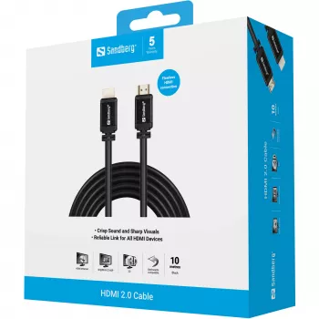 Cable Sandberg HDMI 2.0 19M-19M, 10 m, HDMI Type-A (estándar), HDMI Type-A (estándar), negro