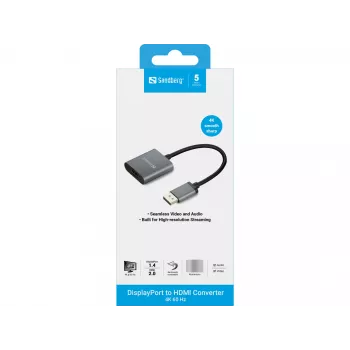 Adaptador Sandberg DisplayPort 1.4 a HDMI 2.0 4K, DisplayPort, HDMI Type-A (estándar), conector macho, conector hembra, 3840 x 2160 píxeles, 6 Gbit/s