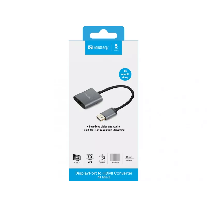 Adaptador Sandberg DisplayPort 1.4 a HDMI 2.0 4K, DisplayPort, HDMI Type-A (estándar), conector macho, conector hembra, 3840 x 2160 píxeles, 6 Gbit/s