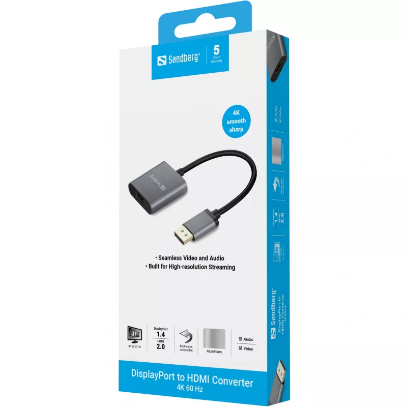 Adaptador Sandberg DisplayPort 1.4 a HDMI 2.0 4K, DisplayPort, HDMI Type-A (estándar), conector macho, conector hembra, 3840 x 2160 píxeles, 6 Gbit/s