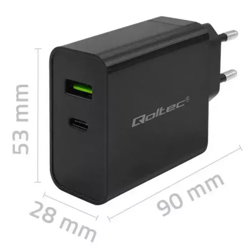 Cargador Qoltec 52378 de interior AC de carga rápida 3A USB Type-C negro