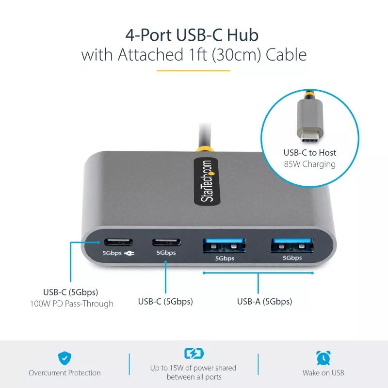 Hub USB-C de 4 puertos StarTech.com con Power Delivery Pass-Through de 100W – 2x USB-A + 2x USB-C – USB 3.0 5Gbps – cable de 1ft (30cm) – hub portátil USB Type-C a USB-A/C