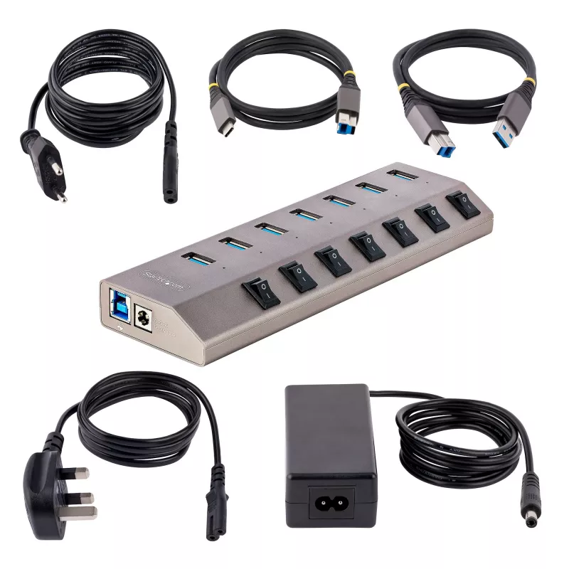 Hub USB-C de 7 puertos autoalimentado StarTech.com con interruptores de encendido/apagado individuales, hub de expansión USB 3.0 5Gbps con fuente de alimentación, hub USB-C a USB-A para sobremesa/portátil, hub USB Type-C con BC 1.2