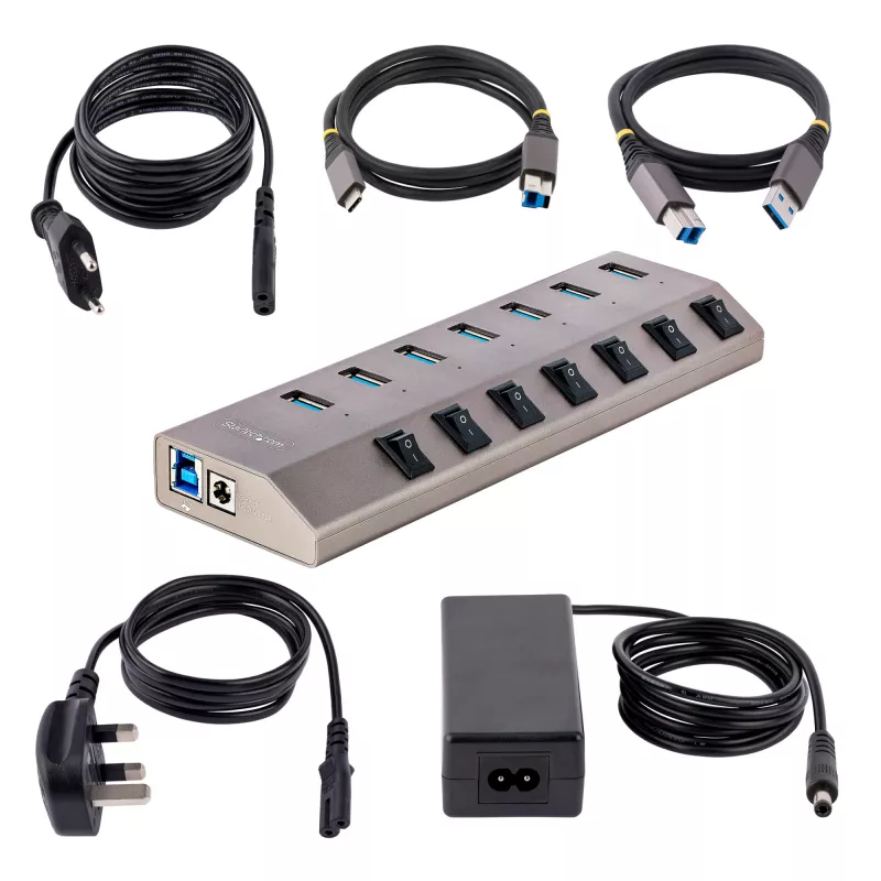 Hub USB-C de 7 puertos autoalimentado StarTech.com con interruptores de encendido/apagado individuales, hub de expansión USB 3.0 5Gbps con fuente de alimentación, hub USB-C a USB-A para sobremesa/portátil, hub USB Type-C con BC 1.2