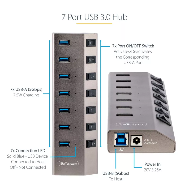 Hub USB-C de 7 puertos autoalimentado StarTech.com con interruptores de encendido/apagado individuales, hub de expansión USB 3.0 5Gbps con fuente de alimentación, hub USB-C a USB-A para sobremesa/portátil, hub USB Type-C con BC 1.2