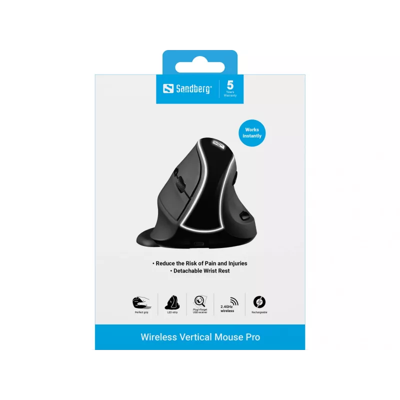 Ratón vertical inalámbrico Sandberg Pro, diestro, diseño vertical, óptico, RF Wireless, 1600 DPI, negro