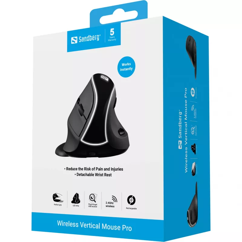 Ratón vertical inalámbrico Sandberg Pro, diestro, diseño vertical, óptico, RF Wireless, 1600 DPI, negro