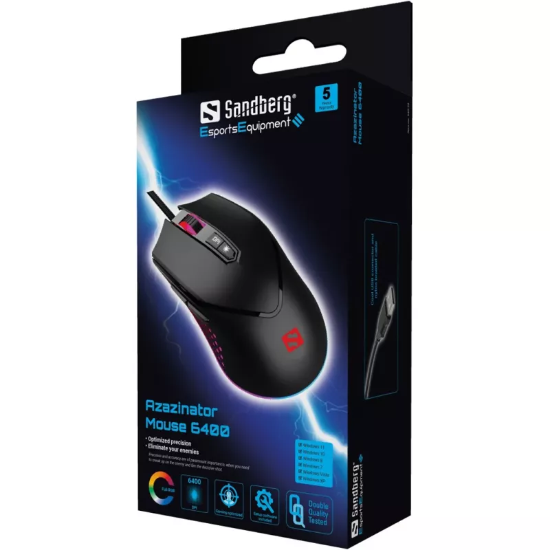Ratón Sandberg Azazinator 6400, diestro, USB Type-A, 6400 DPI, negro