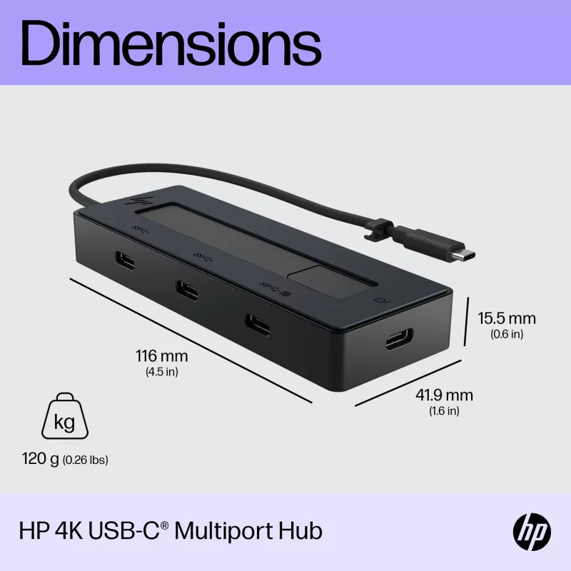 Hub multipuerto HP 4K USB-C, USB Type-C, USB 3.2 Gen 2 (3.1 Gen 2) Type-C, 10000 Mbit/s, negro, 4K Ultra HD, China