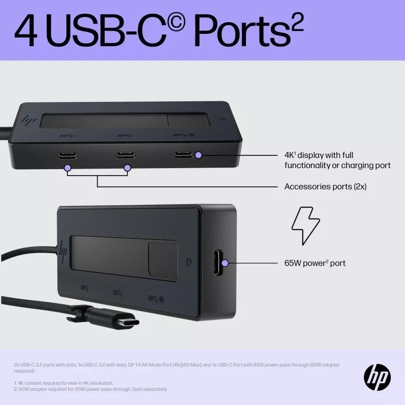 Hub multipuerto HP 4K USB-C, USB Type-C, USB 3.2 Gen 2 (3.1 Gen 2) Type-C, 10000 Mbit/s, negro, 4K Ultra HD, China