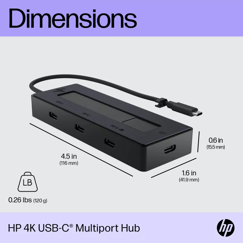 Hub multipuerto HP 4K USB-C, USB Type-C, USB 3.2 Gen 2 (3.1 Gen 2) Type-C, 10000 Mbit/s, negro, 4K Ultra HD, China