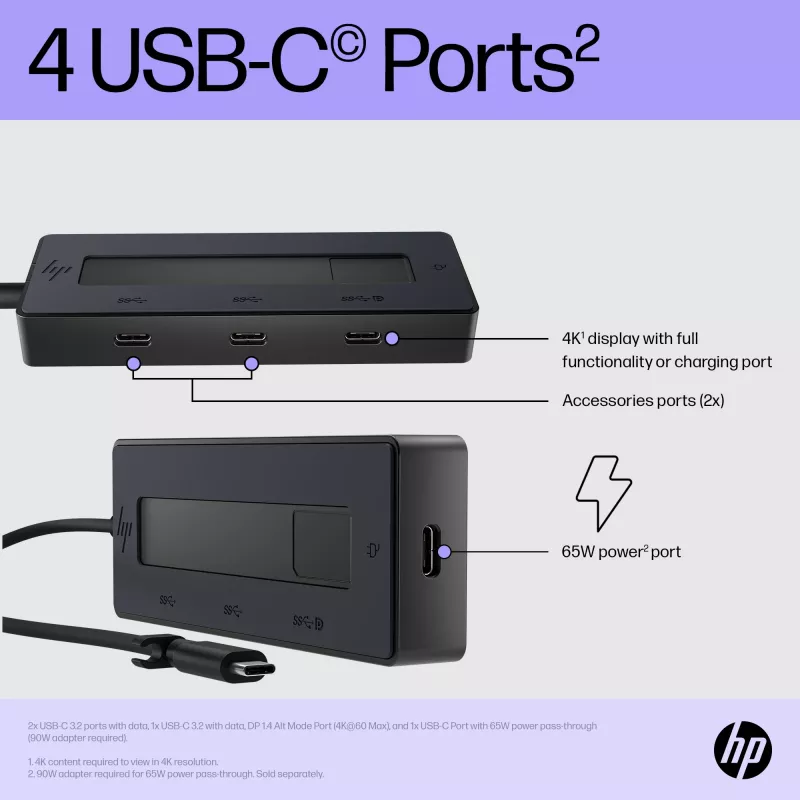 Hub multipuerto HP 4K USB-C, USB Type-C, USB 3.2 Gen 2 (3.1 Gen 2) Type-C, 10000 Mbit/s, negro, 4K Ultra HD, China