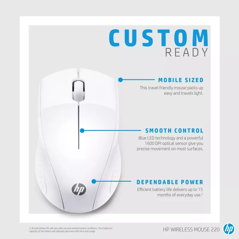 Ratón inalámbrico HP 220 (blanco nieve), óptico, RF inalámbrico, blanco
