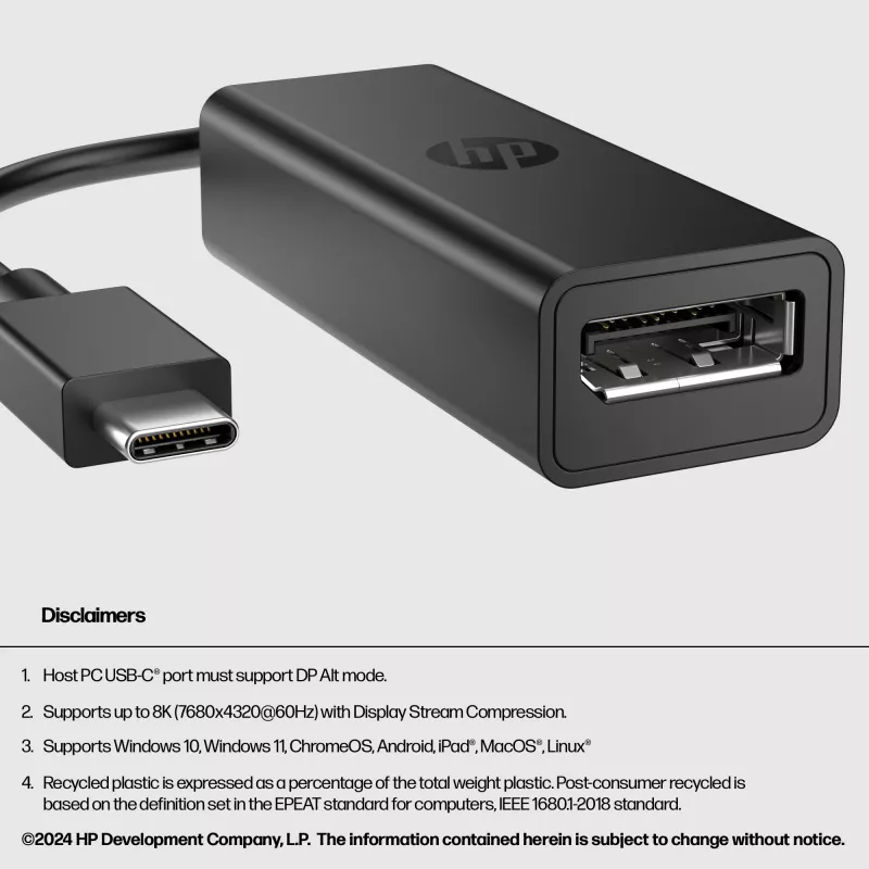 HP 8Y8Y1AA adaptador de USB-C a DisplayPort G2, 8K (7680 x 4320), negro