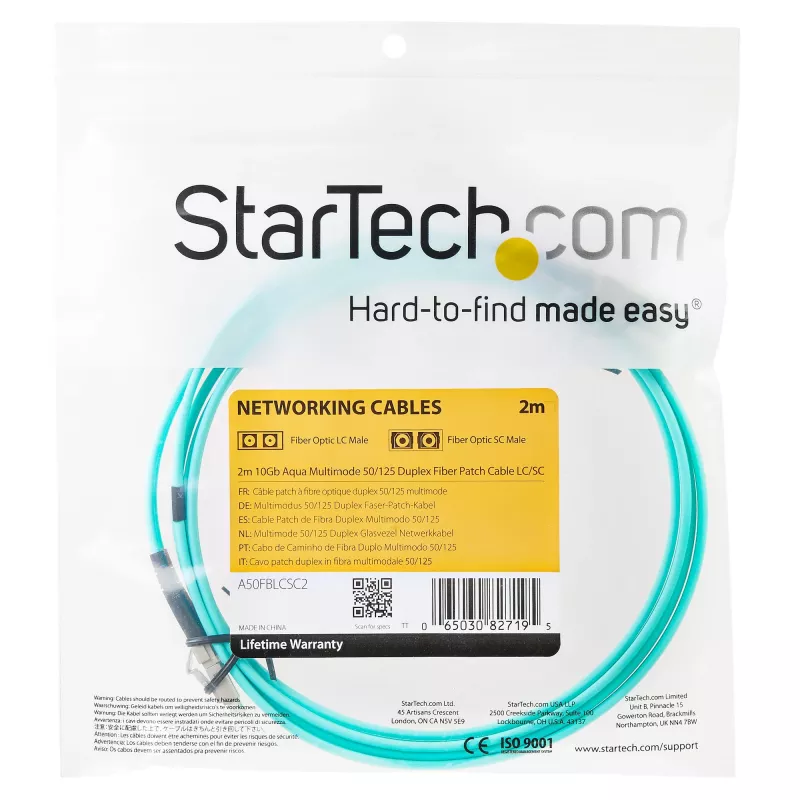 StarTech.com cable de fibra óptica multimodo OM3 LC/UPC a LC/UPC de 2 m (6ft), cable zipcord full duplex 50/125µm, 100G, baja atenuación de inserción, cable de conexión de fibra óptica LSZH
