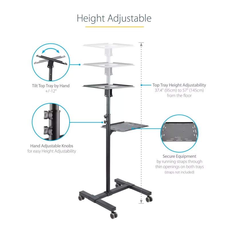 Soporte/carrito móvil para proyector y portátil StarTech.com – soporte robusto y portátil para proyector (2 bandejas, cada una soporta 10 kg) – carrito de altura ajustable para presentaciones con ruedas bloqueables