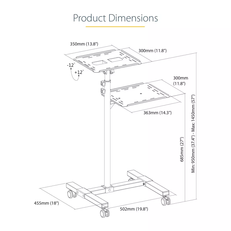 Soporte/carrito móvil para proyector y portátil StarTech.com – soporte robusto y portátil para proyector (2 bandejas, cada una soporta 10 kg) – carrito de altura ajustable para presentaciones con ruedas bloqueables