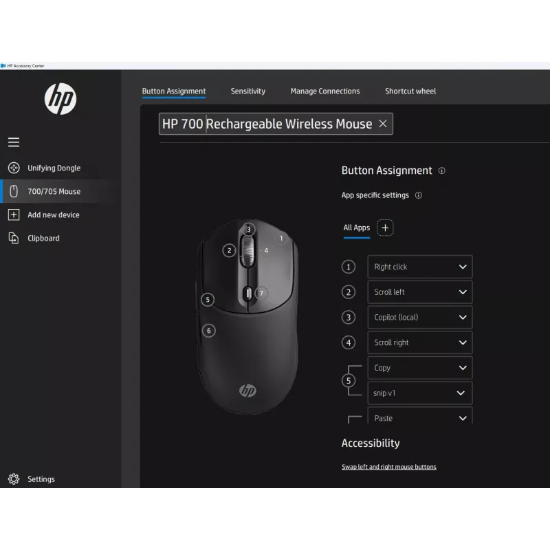 HP 700 Ratón inalámbrico recargable, ambidiestro, RF Wireless + Bluetooth, 6000 DPI, Negro