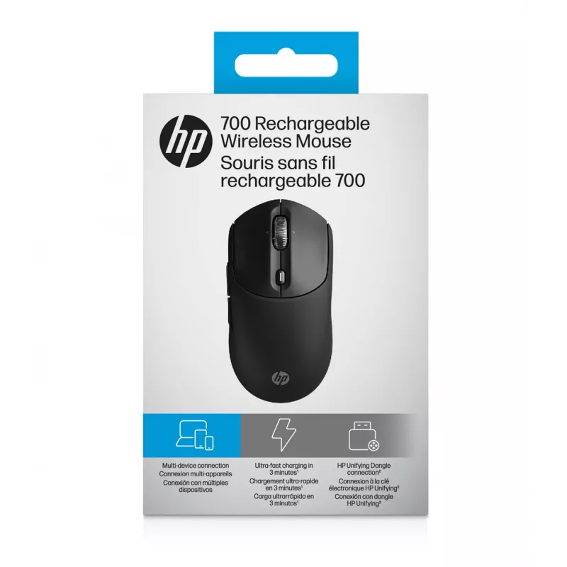 HP 700 Ratón inalámbrico recargable, ambidiestro, RF Wireless + Bluetooth, 6000 DPI, Negro