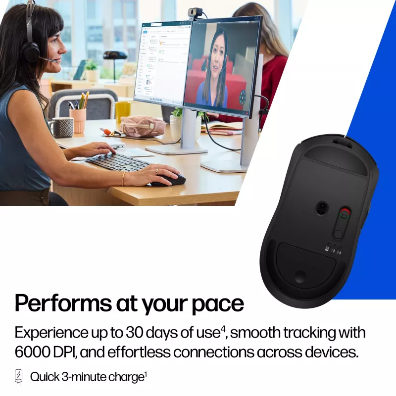 HP 700 Ratón inalámbrico recargable, ambidiestro, RF Wireless + Bluetooth, 6000 DPI, Negro