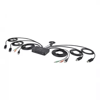 StarTech.com Switch KVM de 2 puertos para doble monitor con cables DisplayPort, 4K 60Hz, switch KVM compacto con cables USB-A/DisplayPort/audio integrados de 1,5 m, alimentado por bus – conmutación mediante botón de mando a distancia/teclas de acceso rápido