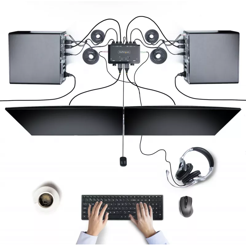 StarTech.com Switch KVM de 2 puertos para doble monitor con cables DisplayPort, 4K 60Hz, switch KVM compacto con cables USB-A/DisplayPort/audio integrados de 1,5 m, alimentado por bus – conmutación mediante botón de mando a distancia/teclas de acceso rápido