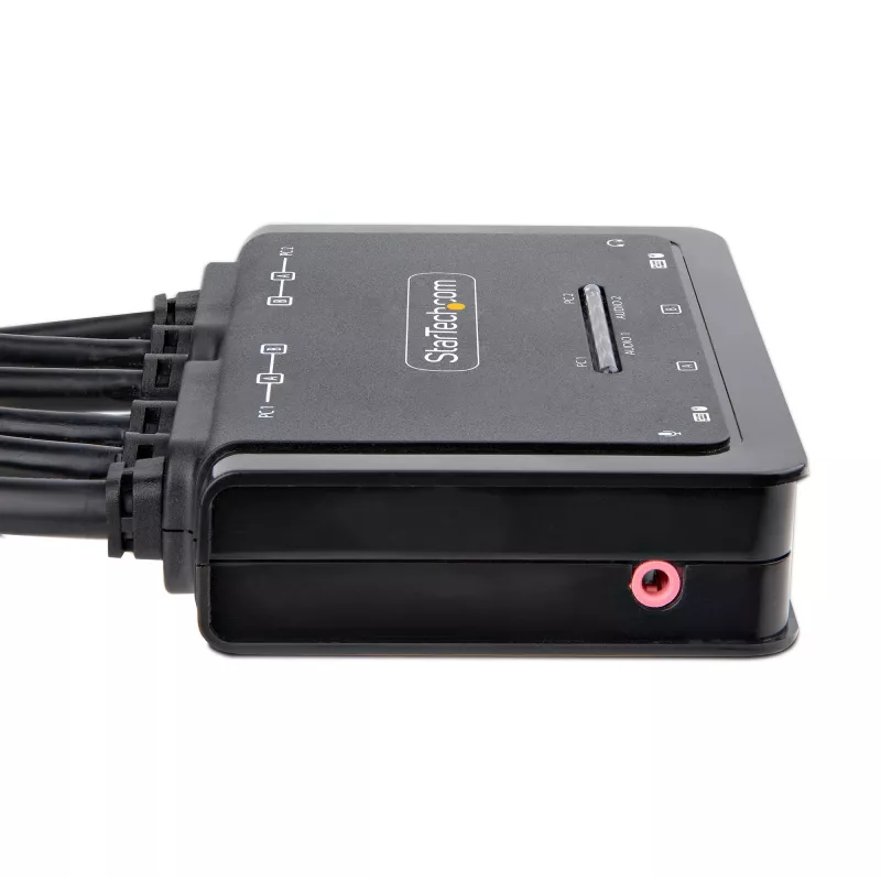 StarTech.com Switch KVM de 2 puertos para doble monitor con cables DisplayPort, 4K 60Hz, switch KVM compacto con cables USB-A/DisplayPort/audio integrados de 1,5 m, alimentado por bus – conmutación mediante botón de mando a distancia/teclas de acceso rápido