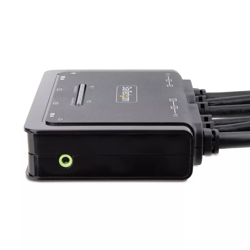 StarTech.com Switch KVM de 2 puertos para doble monitor con cables DisplayPort, 4K 60Hz, switch KVM compacto con cables USB-A/DisplayPort/audio integrados de 1,5 m, alimentado por bus – conmutación mediante botón de mando a distancia/teclas de acceso rápido
